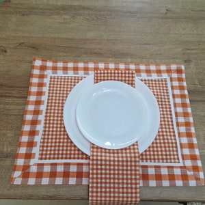 Spring Orange Gingham Placemats Set with Border and Cloth Napkins, Double Sided Checkered Cotton Table Place Mats in Farmhouse Country Style