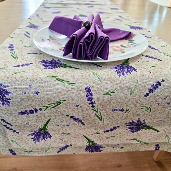 Lavender Flowers Table Runner, Placemat and Napkin, Custom Size Spring Purple Floral Table Linens, French Provence Kitchen Table Decor