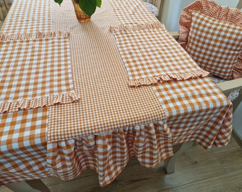 Spring Gingham Plaid Table Runner with Ruffle 14 Colors, Custom Size Checkered Runner, Napkin & Placemat, Romantic Wedding Check Table Decor