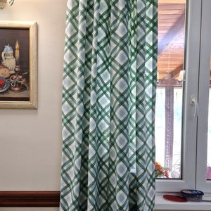 Plaid Curtain Panels Green & White Tartan, Custom Long Short Curtains 4 Color, Rustic Checked Windows Drapes for Living Room Bedroom Kitchen