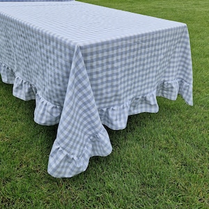 Grey Gingham Ruffled Tablecloth, Custom Wide Checkered Rectangular Oval Square Round Frill Table Cloth, French Country Table Cover 14 Colors
