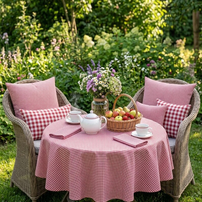 May include: A charming outdoor setting with two wicker chairs, a round table, and a lush garden backdrop. The table is covered with a red and white checkered tablecloth, set with a teapot, cups, and napkins. Red and white checkered pillows adorn the chairs.
