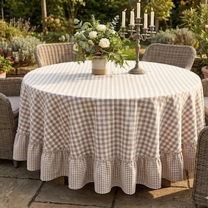 Nappe à volants Vichy beige + 13 couleurs, taille personnalisée, nappes de ferme à carreaux en coton