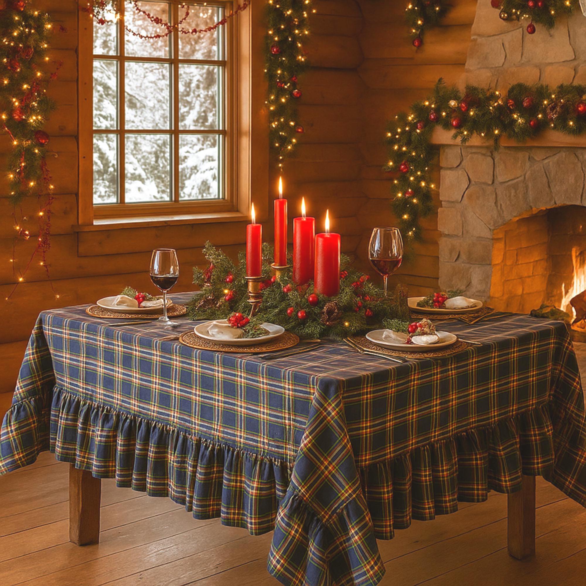 Christmas Ruffle Tablecloth, Delicate Shimmer Red and Green Tartan