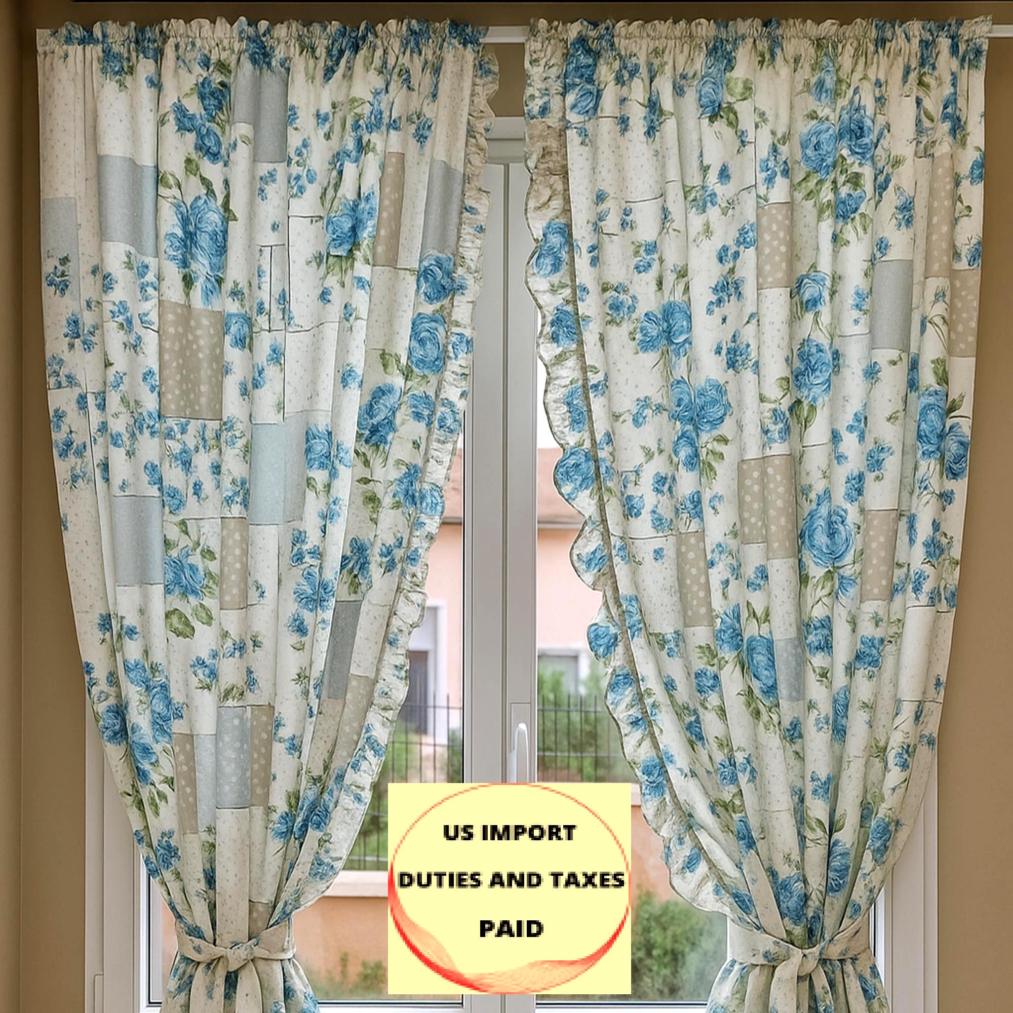 French Country Ruffle Curtains: Shabby Chic Blue Rose Cotton Drapes - Etsy
