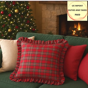 Christmas Tartan Plaid Pillow Cover with Ruffles, Red & Green Shimmer, Farmhouse Holiday Decor