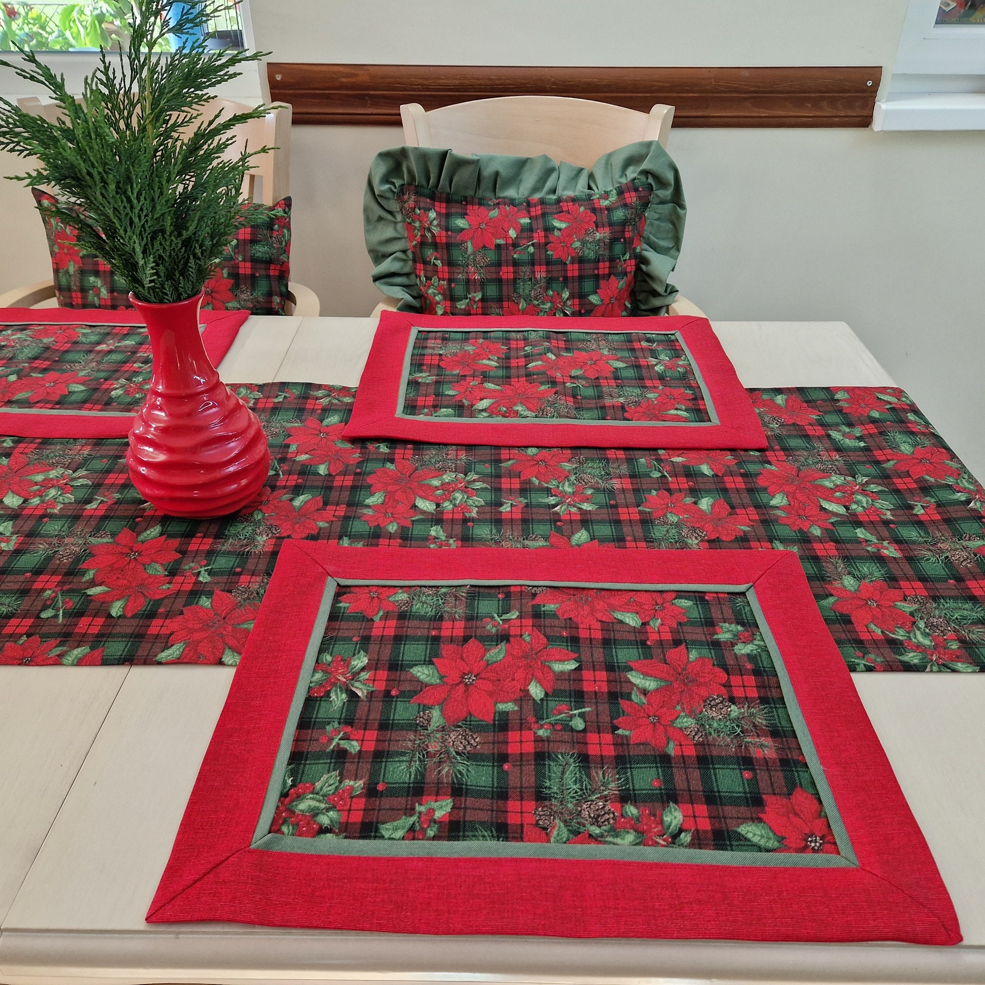 Christmas Table Runner Placemats and Napkins Set Red & Green Etsy UK