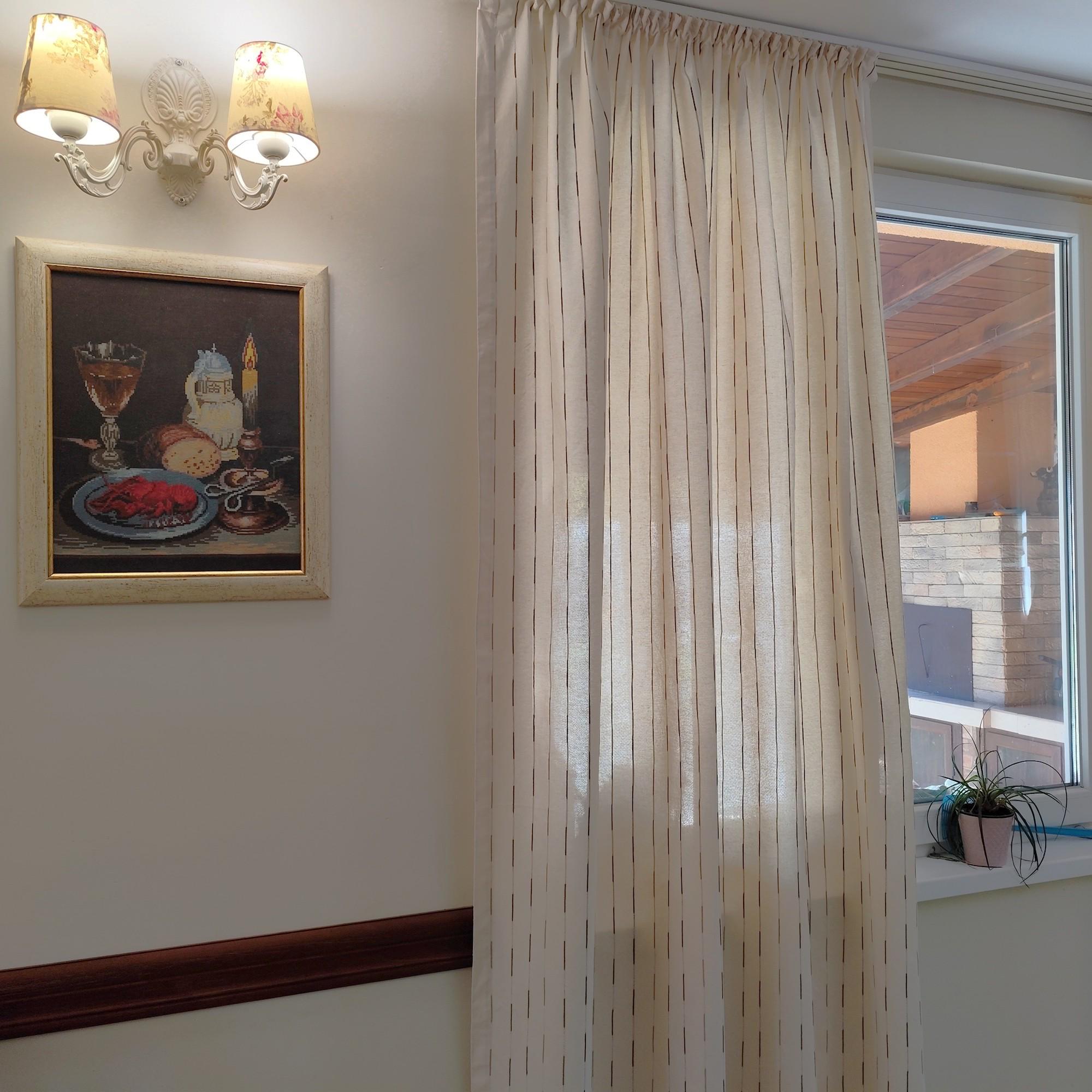 Cream & Brown Striped Cotton Curtain Panel: French Country Style