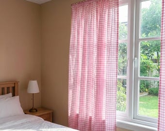 Pink Gingham Curtains, Custom Long or Short Cotton Panels for