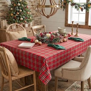 Op de afbeelding: Een rechthoekige eettafel bedekt met een rood en groen geruit tafelkleed. De tafel is gedekt met een centraal kerststuk met rode bessen, dennenappels en een kaars, geflankeerd door groene stoffen servetten en een wit vierkant bord.