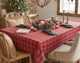Red Christmas Tartan Tablecloth, Custom Size Table Cloth