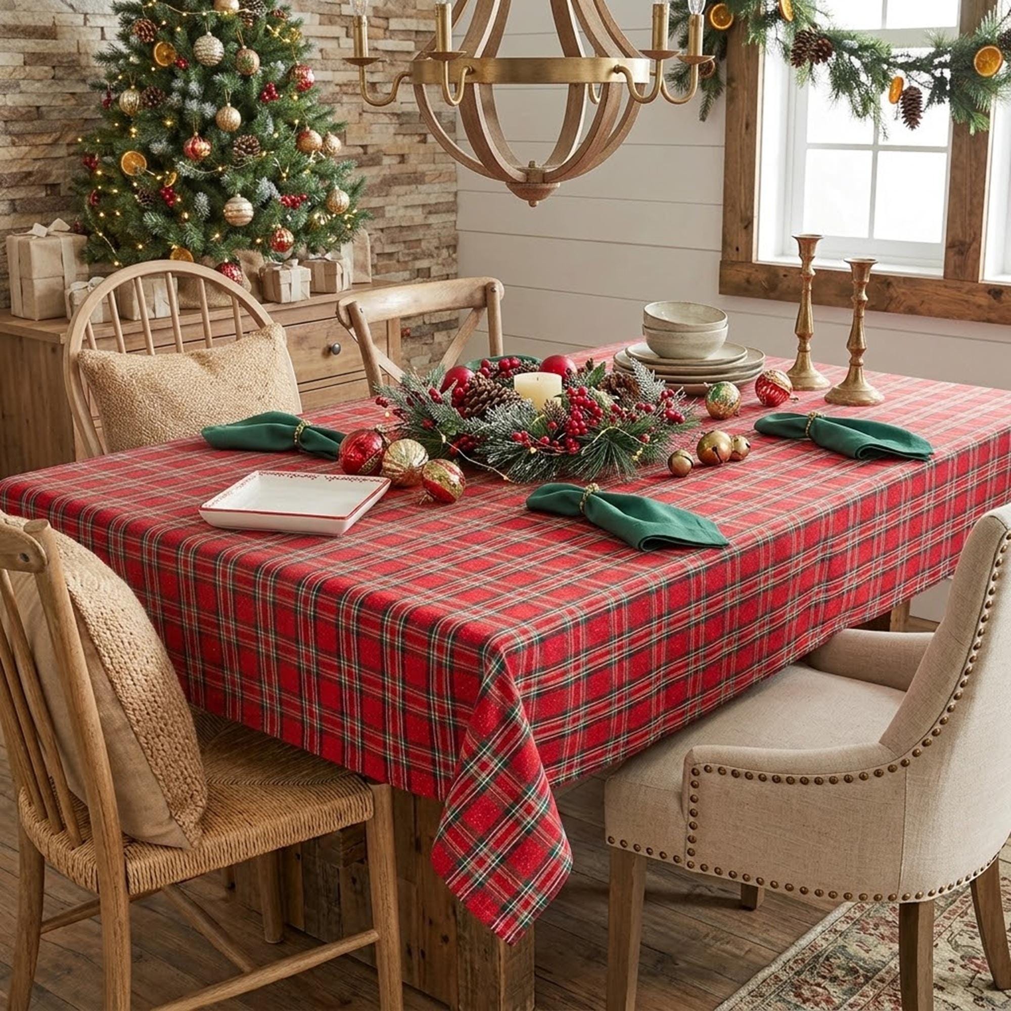 Red Christmas Tartan Tablecloth, Custom Size Table Cloth