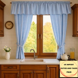 Blue Gingham Curtains, Valances, Custom Size Pair Plaid Panels for Country Cottage Kitchen