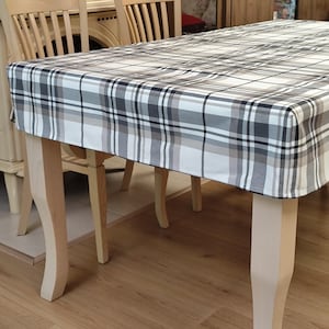 Fitted Tablecloth Rectangle or Square, Outdoor Coated Cotton Canvas Plaid Table Cloth, Custom Made to Your Table Size Table Slipcover