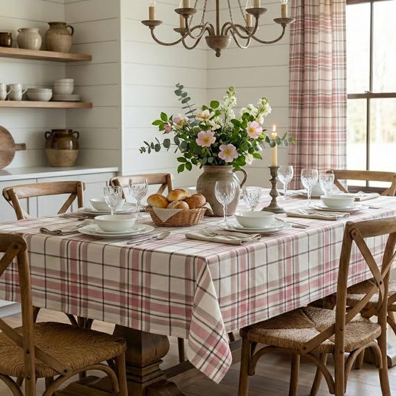 Tischdecke im Tartan-Karo-Stil: Türkis, Blau, Braun, Rosa, Baumwoll-Canvas, individuelle Größe