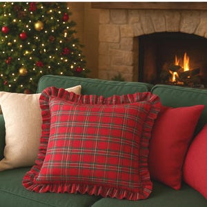 Christmas Tartan Plaid Pillow Cover with Ruffles, Red & Green Throw Pillows, Cottagecore Winter Decor