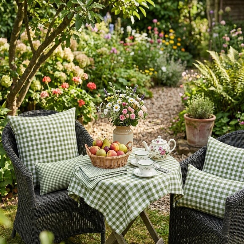 May include: A charming outdoor scene with two wicker chairs, each with green and white checkered pillows. A small table is set with a matching tablecloth, a teapot, teacups, and a basket of fruit. A vase of flowers sits in the center, with a lush garden in the background.