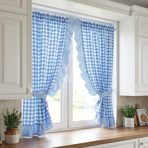 Landhaus Vichy Karo Rüschen Vorhänge: Landhaus Küchen Fenstervorhänge - 2er Set