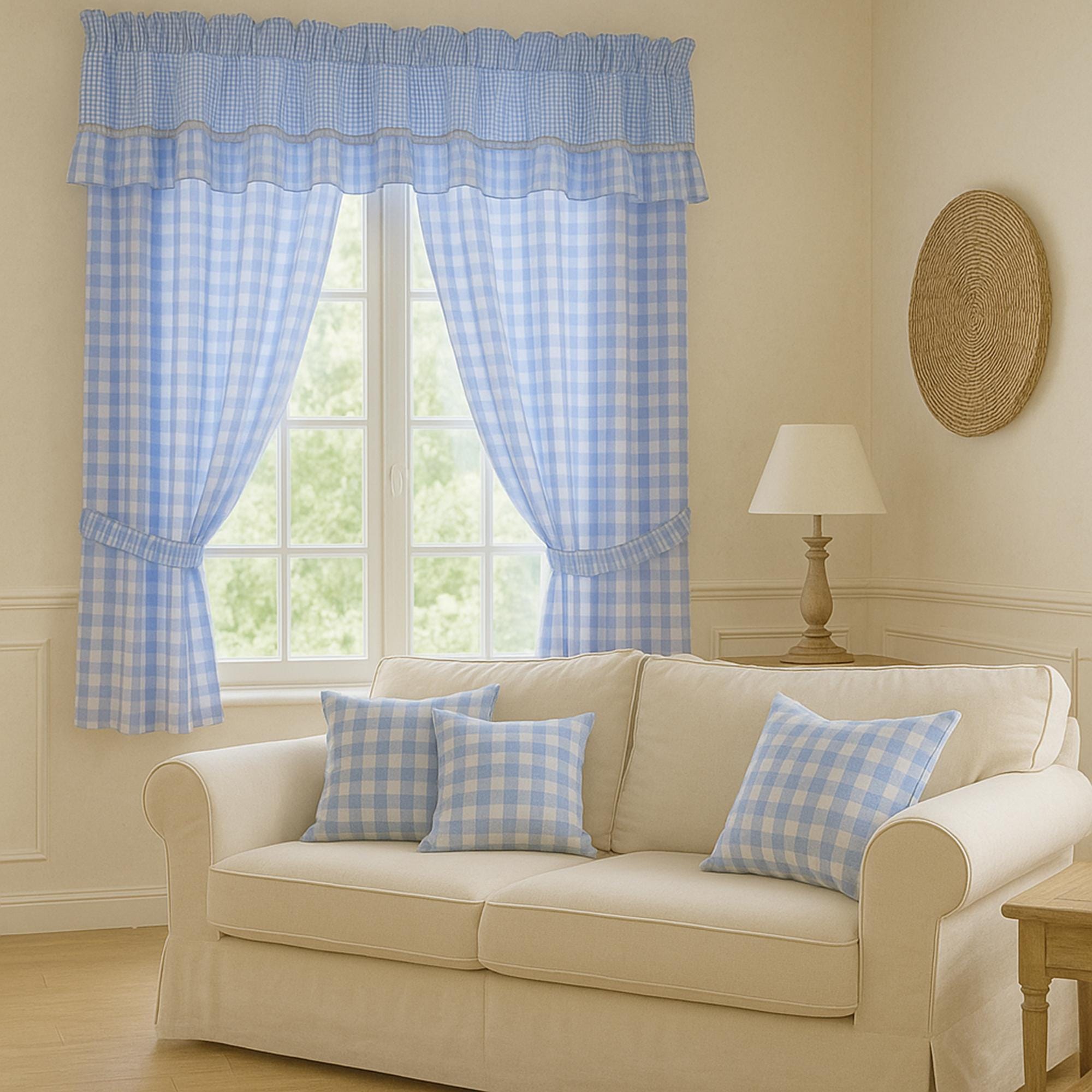 Gingham Cafe Curtains with Ruffled Valance: Light Blue Retro