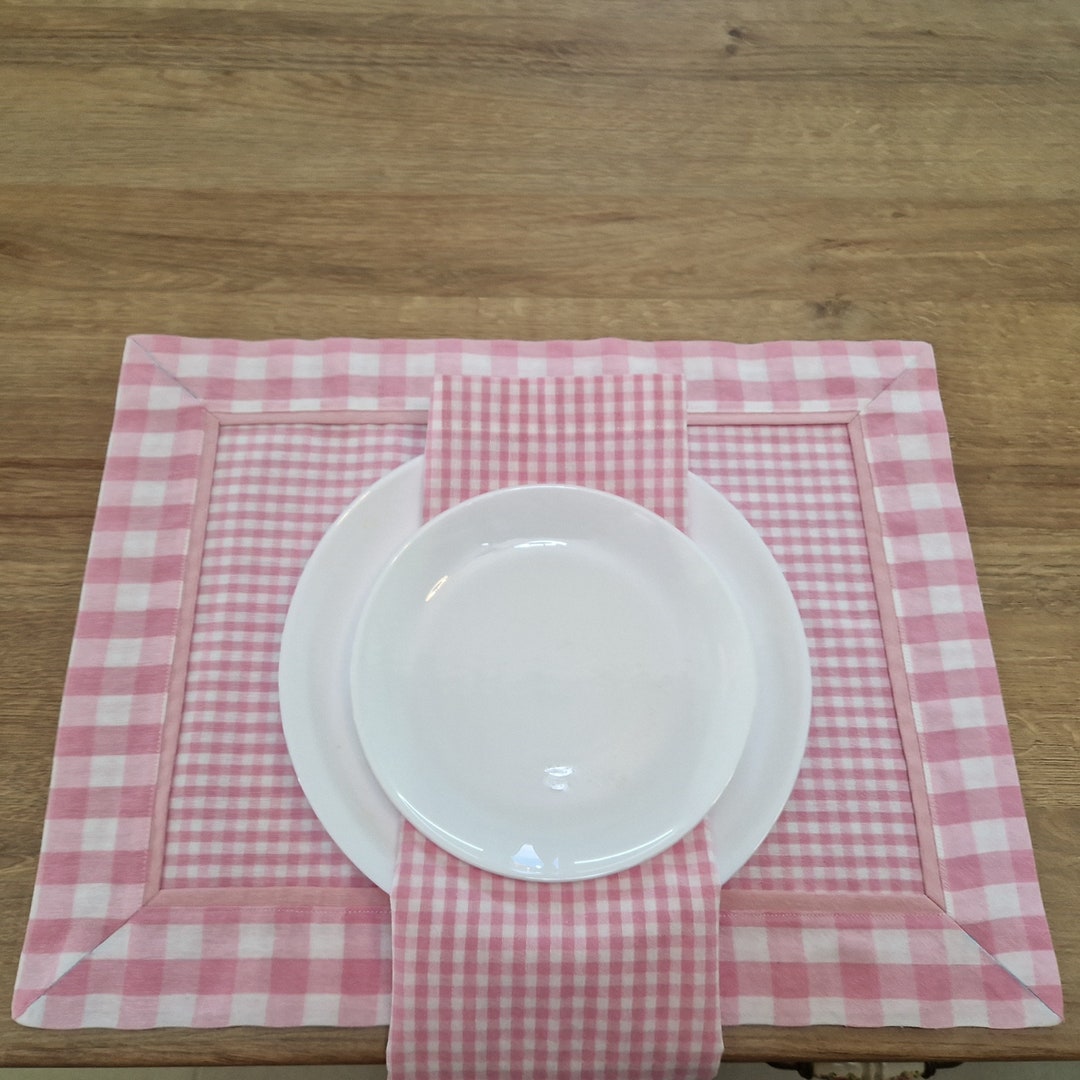 Reversible Pink Gingham Plaid Placemats and Napkins, Double Layer With