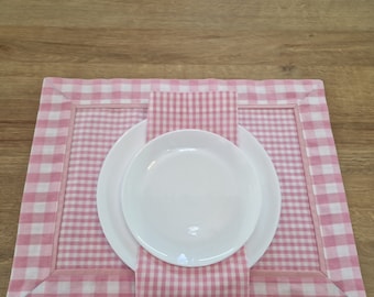 Reversible Pink Gingham Placemats & Napkins - Rustic Dining Set