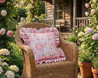 Pink Ruffle Pillow Cover, Floral Print, Spring Easter Cottagecore Decor for Sofa, Armchair, Bed