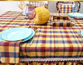 Plaid Checked Cotton Blended Dinner Table Cloth Napkins Placemats