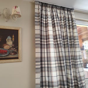 Tartan Plaid Curtains Beige Brown & Off White, Woven Cotton Canvas Drapes, Modern Vintage Farmhouse Check Panels, Boho Living Room Drapery