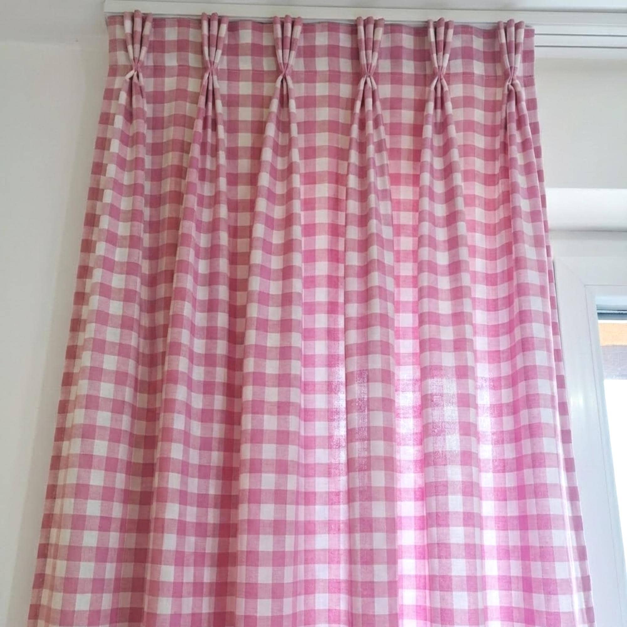 Checkered Triple Pinch Pleat Curtains Pink + 13 Colors, Custom