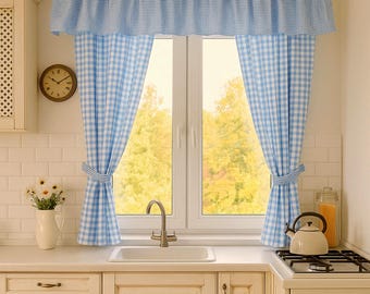ブルーのギンガムチェックカーテン、バランス、カスタムサイズのペア