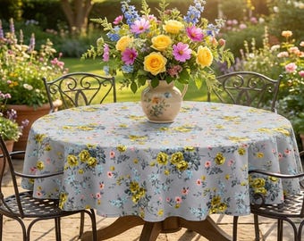 Botanical Tablecloth - Grey with Pink & Yellow Flowers Print, Custom Waterproof Floral French Cottage Decor