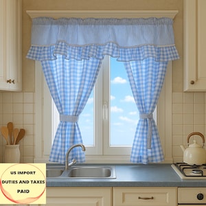 Tende da caffè a quadretti con volant: tende da cucina retrò azzurre, dimensioni personalizzate