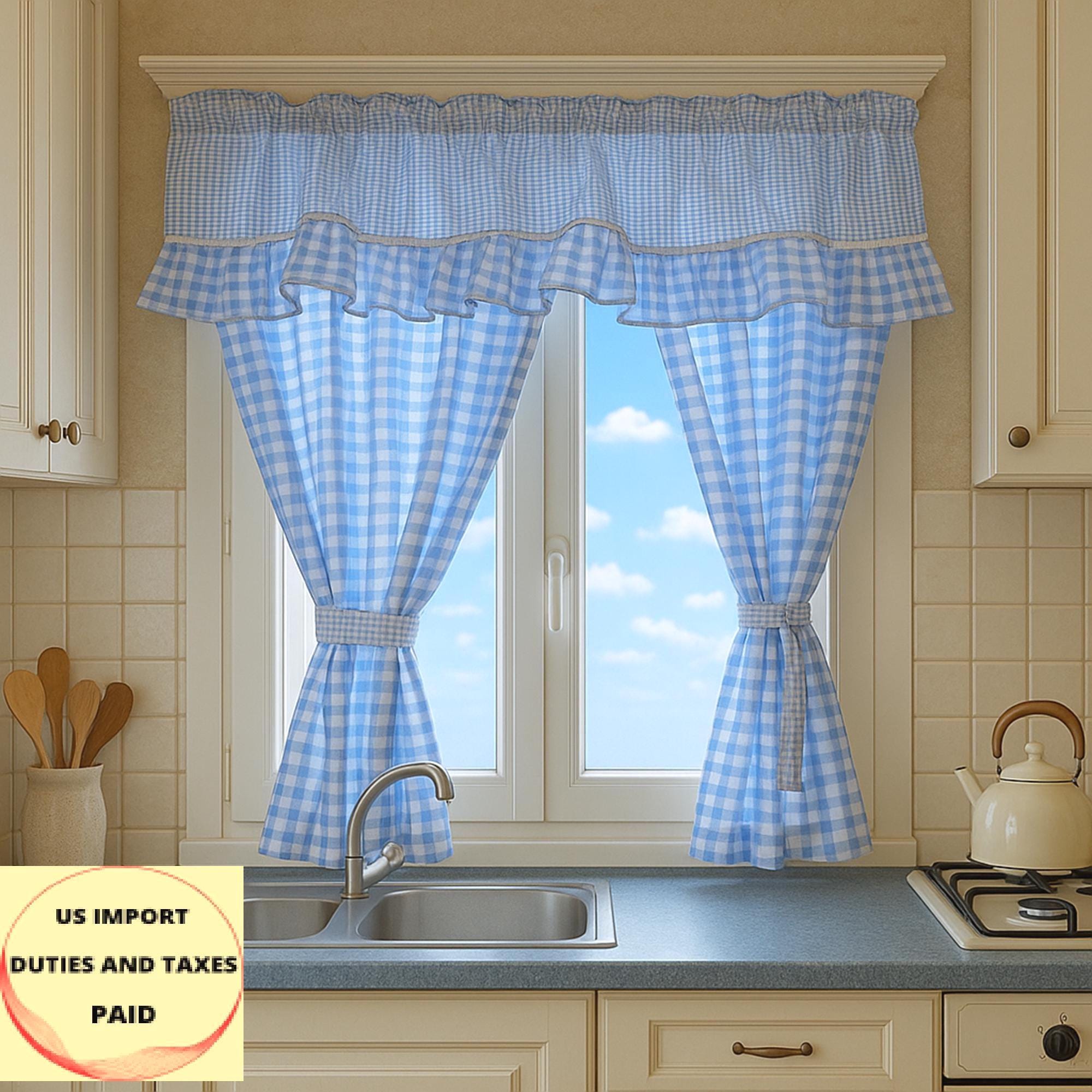 Gingham Cafe Curtains With Ruffled Valance: Light Blue Retro Kitchen
