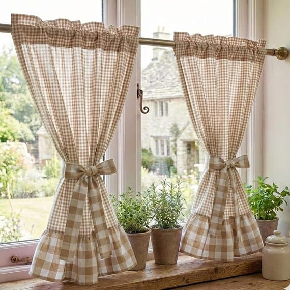 Beige Gingham Ruffle Cafe Curtains, Custom size, Farmhouse Checked