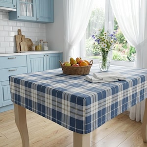 Fitted Plaid Tablecloth: Custom Size Coated Cotton Slipcover, Stain Resistant, Water Repellent