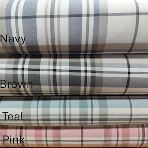 Tartan Plaid Curtains - Teal Pink Navy Brown Woven Cotton Canvas Drapes, Modern Farmhouse Check Pair Curtain Panels, Living Room Drapery