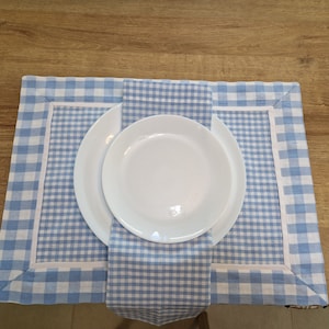 Gingham Placemats with Border and Cloth Napkins Set 14 Colors, Reversible Checkered Cotton Fabric Place Mats, Cottage Kitchen Gift Set