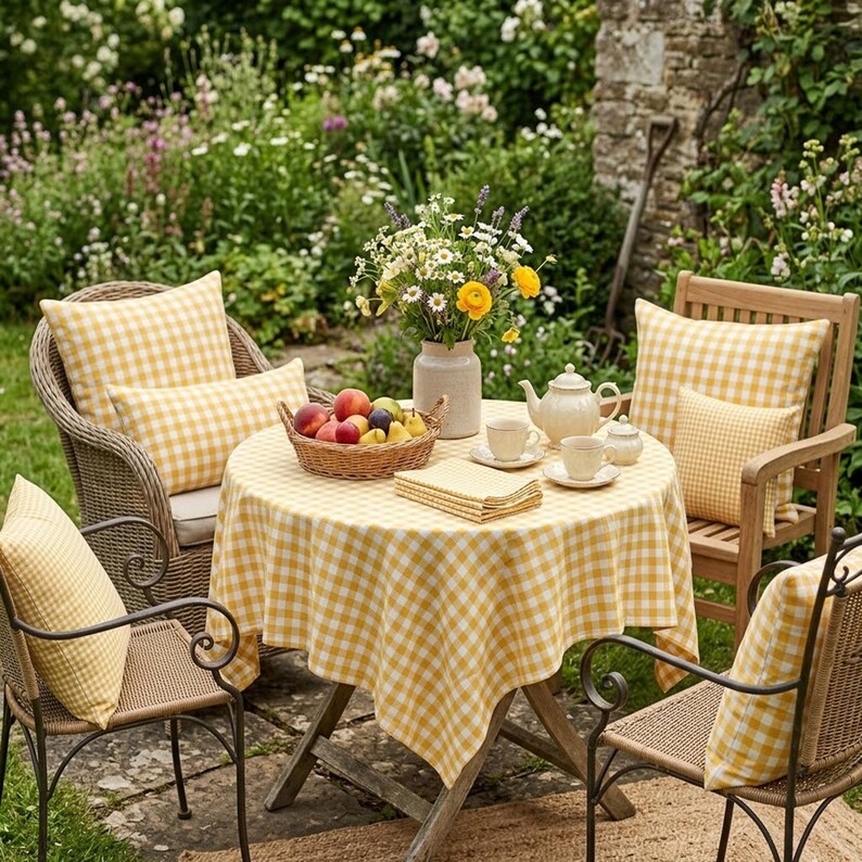 May include: A charming outdoor dining scene with a round table covered in a yellow and white gingham tablecloth. Wicker and wooden chairs with matching gingham cushions surround the table, set with a teapot, cups, and a basket of fruit. A vase of flowers adds a touch of color.