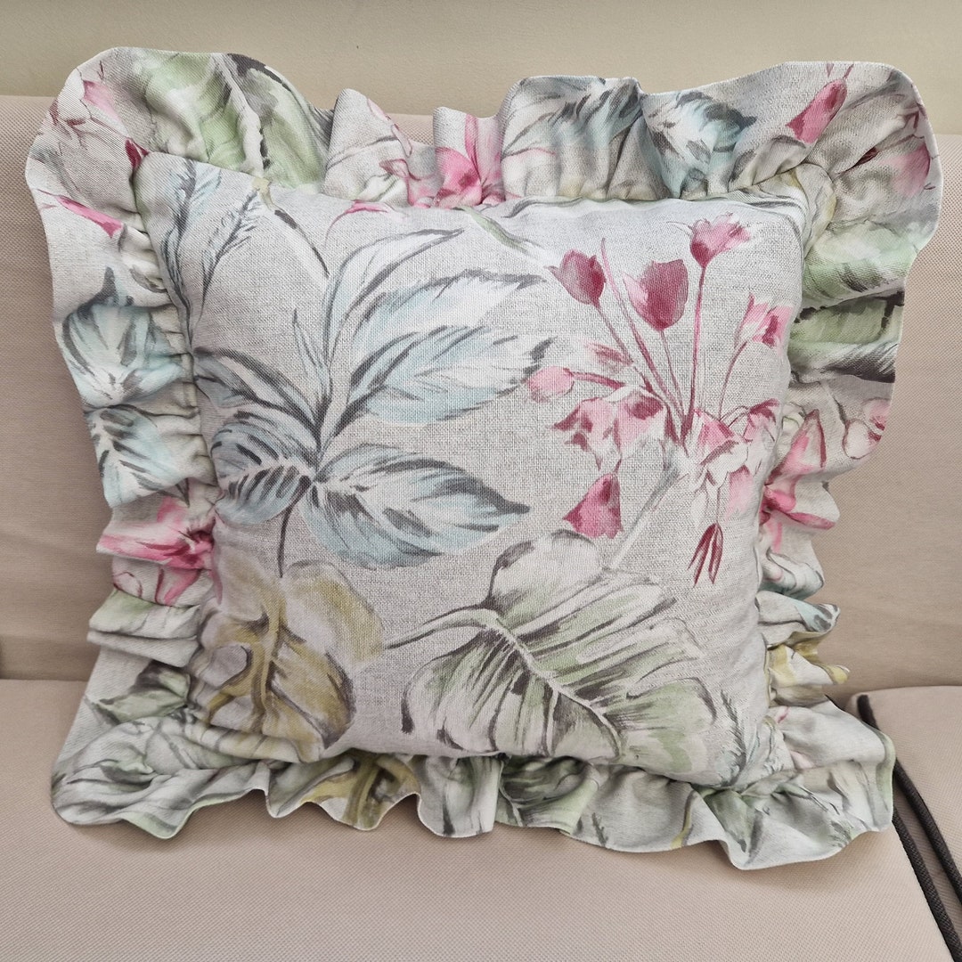 Ruffle Throw Pillow Cover Gray Pink & Green Ruffled Floral Etsy