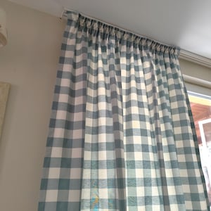 Teal and White Buffalo Check Curtains, Woven Cotton Canvas Drapes, Modern Vintage Farmhouse Plaid Pair of Panels, Boho Living Room Drapery