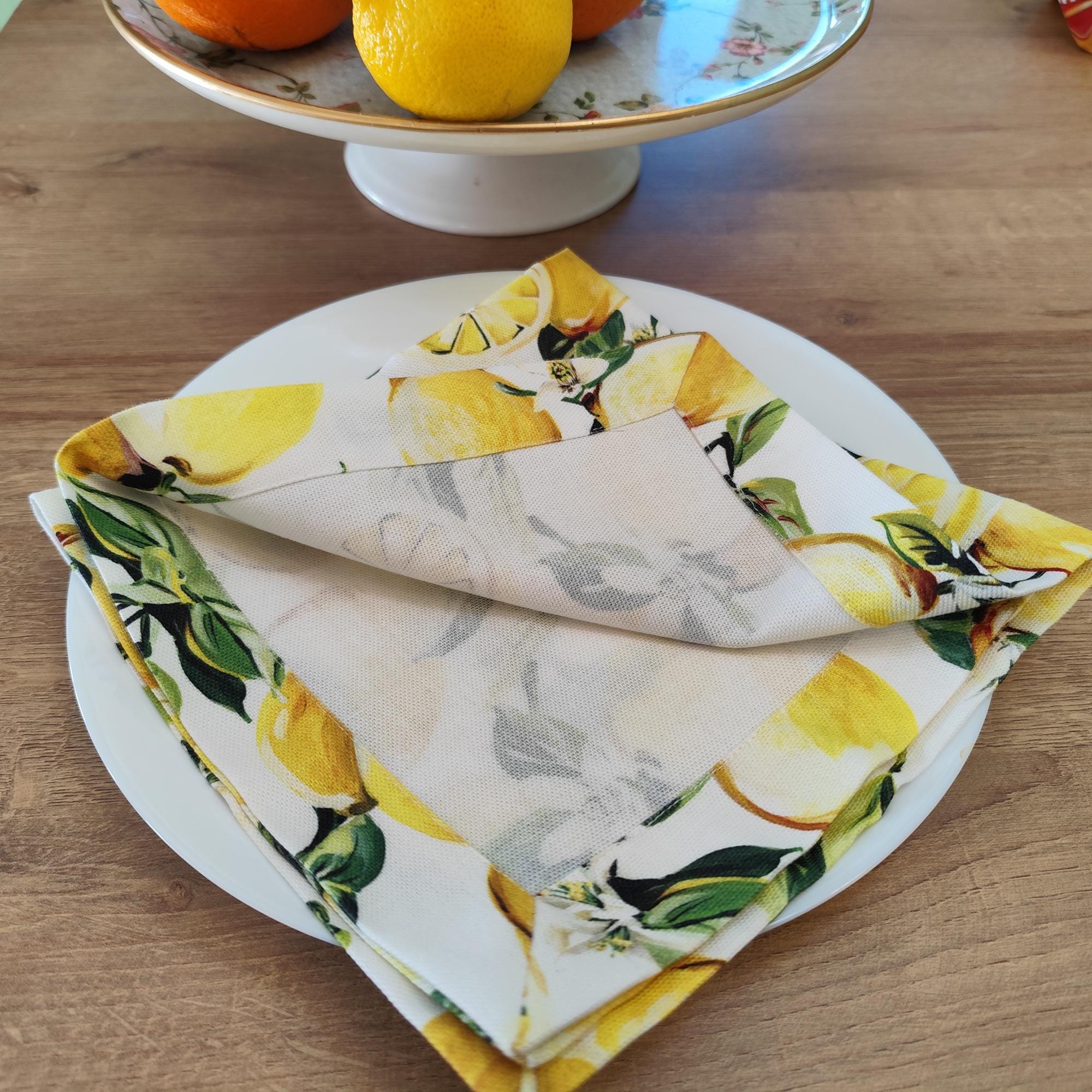 Lemon Cloth Napkins - 100% Cotton Soft, Citrus Print, Reusable