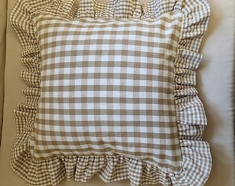 Light Brown Ruffle Gingham Plaid Throw Pillow Cover, Ruffle Euro Sham, Variety Colors & Sizes Cushion Cover, Cottagecore Decorative Accent