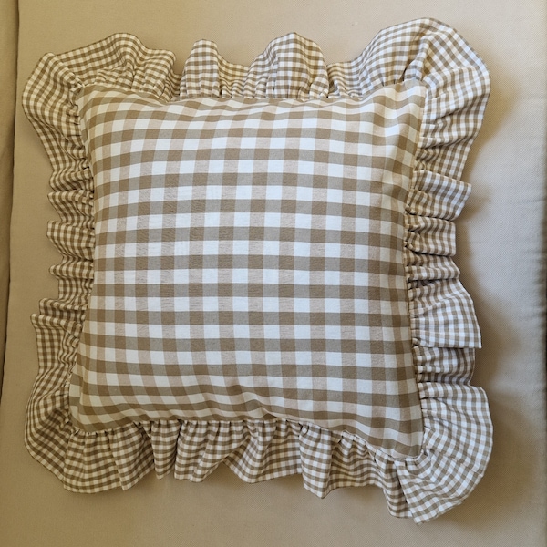 Light Brown Ruffle Gingham Plaid Throw Pillow Cover, Ruffle Euro Sham, Variety Colors & Sizes Cushion Cover, Cottagecore Decorative Accent