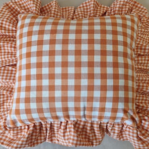 Funda de almohada con volantes de granja, funda de cojín Gingham de color naranja y otros colores, acento campestre francés, fundas euro decorativas de otoño personalizadas