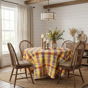 Round Tartan Tablecloth: Yellow, Blue, Green & Berry Plaid Cotton Blend, Farmhouse Table Cloth