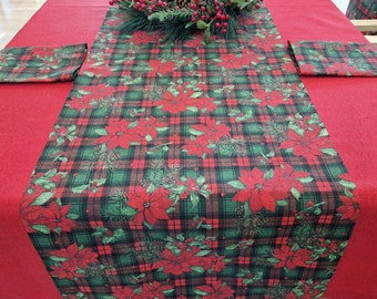 Christmas Tartan Table Runner & Cloth Napkins with Poinsettia Pattern Complete with Red Tablecloth, Custom Holiday Winter Table Centerpiece