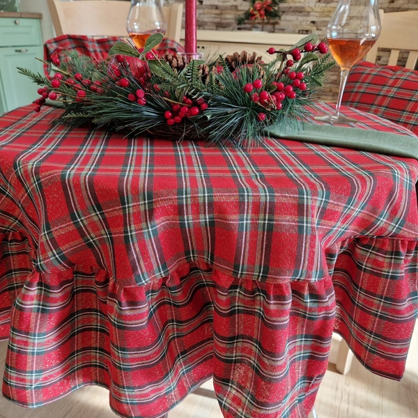 Nappe de Noël brillante à carreaux tartan - décoration de table de vacances rétro moderne à carreaux, nappe à carreaux personnalisée ronde, ovale, rectangle