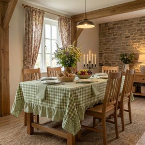 Green Gingham Ruffle Tablecloth, French Country Checkered Table Cloth with Frills, Custom Size