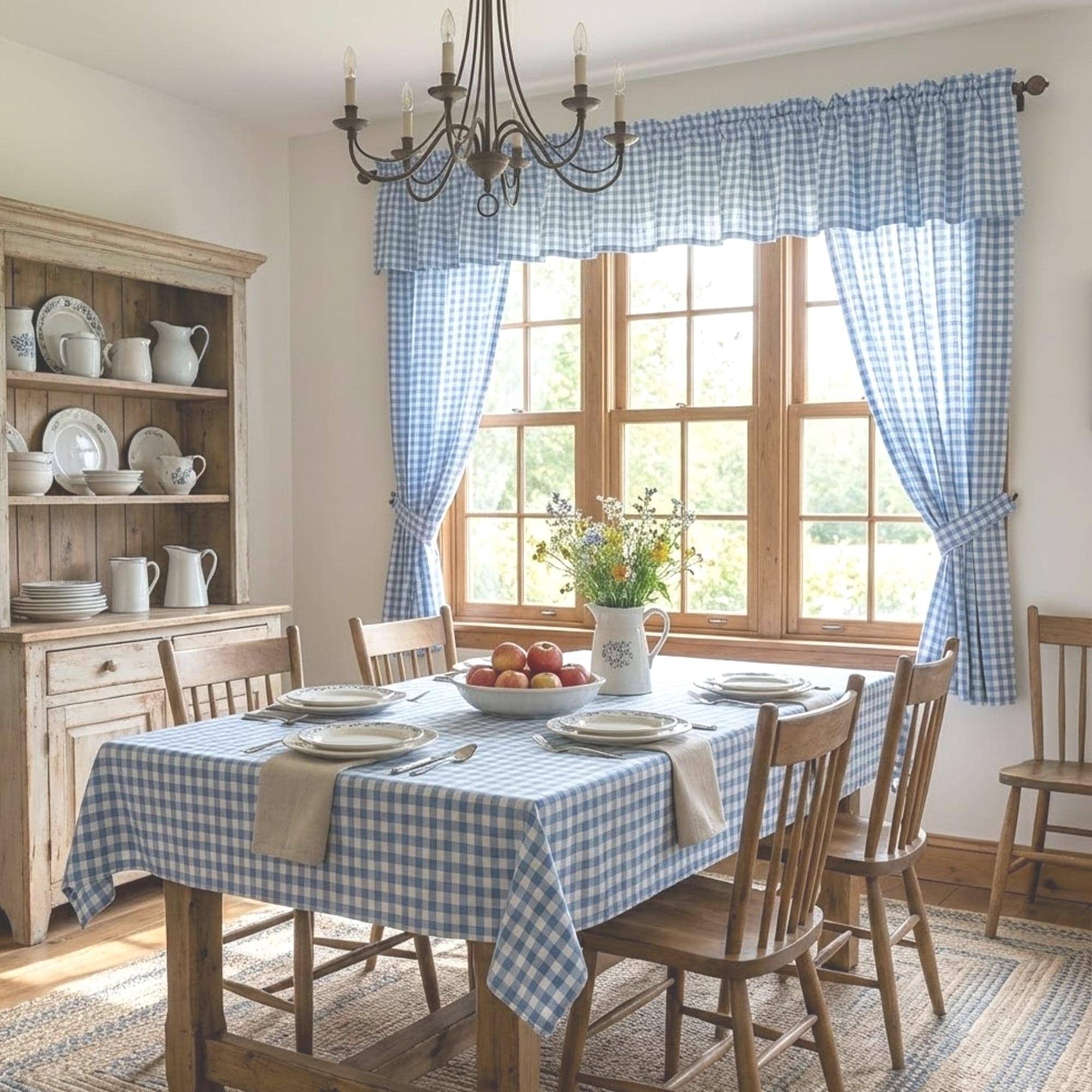 ブルーのギンガムチェックカーテン、バランス、カスタムサイズのペア