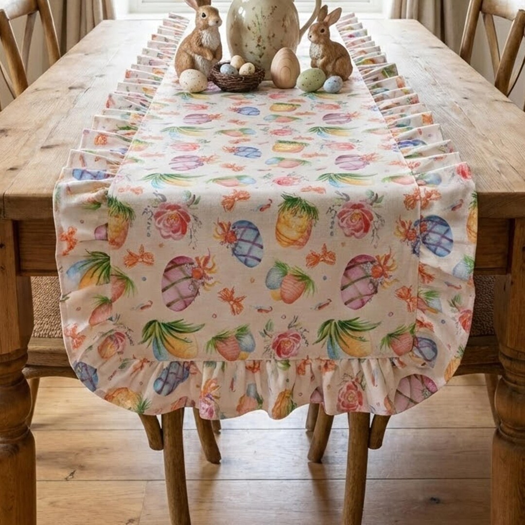 Table Ruffles Vector Easter Table Runner With Ruffles, Custom Size, Farmhouse Holiday Spring ...
